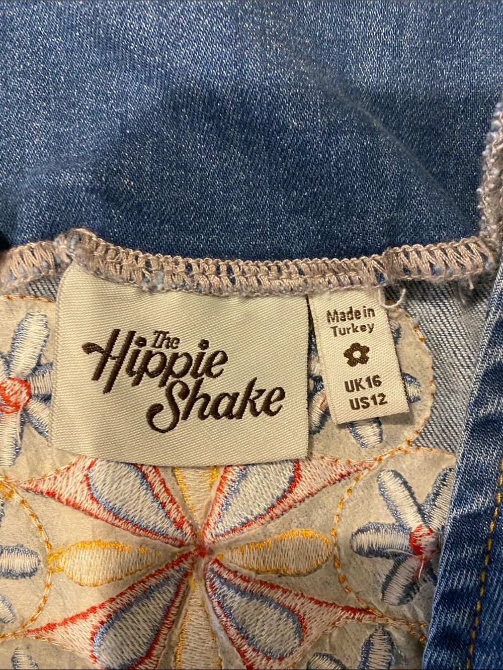 The Hippie Shake Embroidered Denim Vest in Blue with Red, Yellow, Cream Accents - Picture 2 of 5